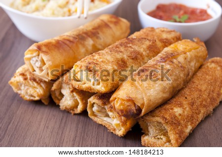 Fried meat rolls. Selective focus on the right side rolls