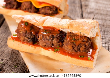 Meat balls and homemade tomato sauce in the bread