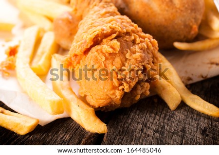 Close up to deep fried chicken meat with french fries in the background