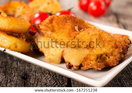 Melting fried cheese on the plate.Selective focus in the middle of fried cheese