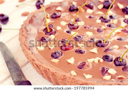 Homemade chocolate tart cake with chocolate and cherries.Selective focus on front part of tart cake