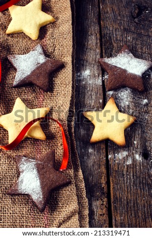 Star shape gingerbread Christmas cookies from above on the wooden table