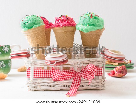 Group of ice creams in jars,selective focus on the front cones