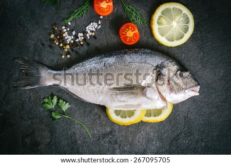 Raw dorada fish with ingredients on dark background
