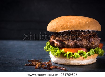 Beef burger with grilled onion,selective focus and blank space