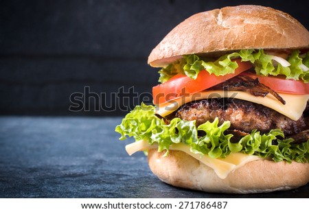 Beef cheeseburger with grilled onion,selective focus and blank space