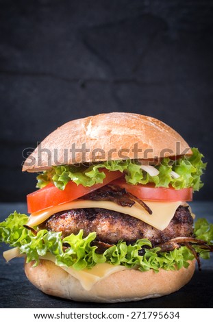 Beef burger with cheese and grilled onions,selective focus and blank space