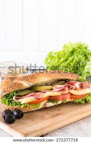 Submarine sandwich with salami and cheese on wooden board,selective focus and blank space