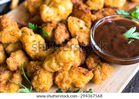 Large group of homemade fried chicken and bbq sauce,selective focus