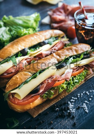 Submarine sandwiches served on the table,selective focus