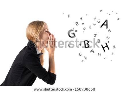 businesswoman talking and letters coming out of her mouth businesswoman talking and letters coming out of her mouth