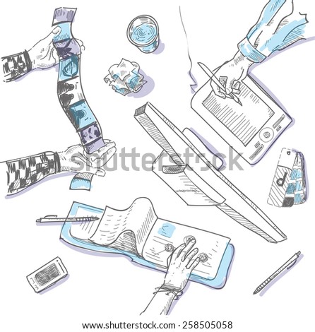 Teamwork, top view people hands sketch hand drawn doodle office workplace with business objects and items lying on a desk laptop, digital tablet, mobile phone.