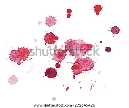 Abstract watercolor aquarelle hand drawn colorful shapes art red color paint or blood splatter stain.