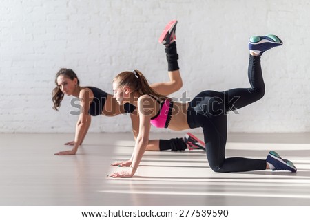 Healthy young sportswoman doing the exercises on all fours arching back straightening leg up concept sport, fitness, lifestyle.