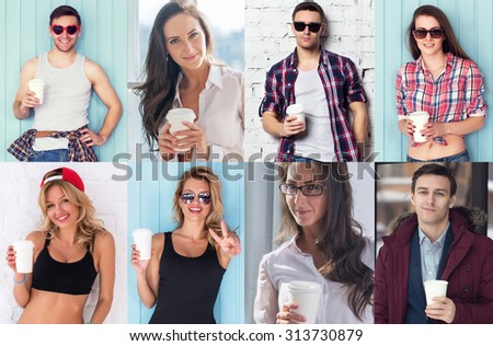 Collection of different many happy smiling young people faces caucasian women and men with coffee Concept avatar userpic social