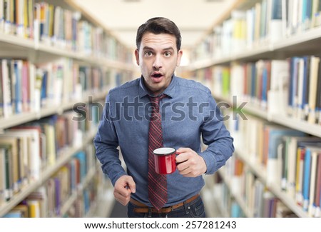 Man wearing a blue shirt and red tie. He is looking surprised. Over library background