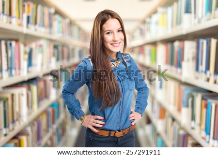 Trendy young woman looking confident. Over library background