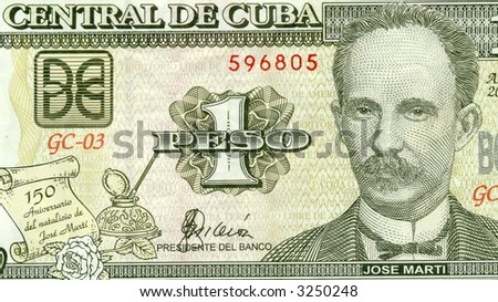 Cuban one peso bill commemorating the 150th anniversary of Jose Marti's birth