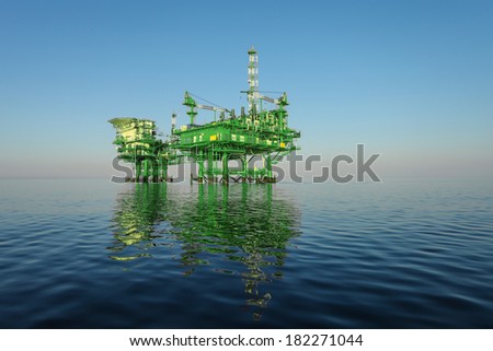 green oil rig platform on calm blue sea