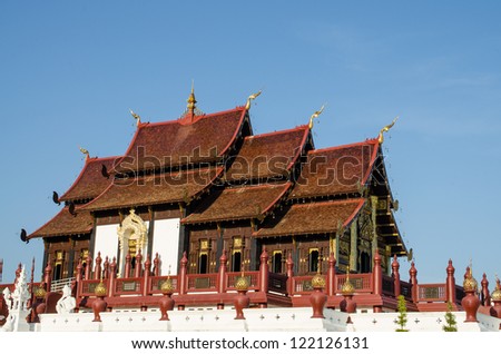 Ancient architecture in the Northern Thai style , Royal Pavilion (Ho Kum Luang) at Royal Flora Expo, Chiang Mai, Thailand