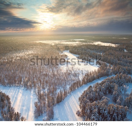 The Aerial view of snow-covered forest in time of sunny winter sunrise. Crowns of coniferous trees and clouds a bright are lighted up by rising sun.