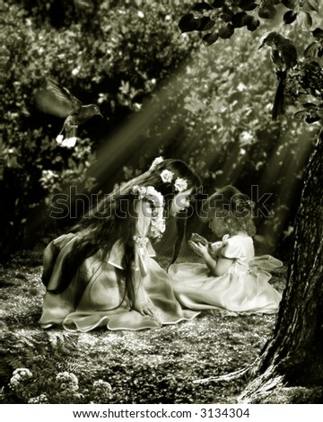Two young girls have found in garden nestling. They want him to help.  The photography is made in studio. After processing in editor. All detail on photo take from the personal archive