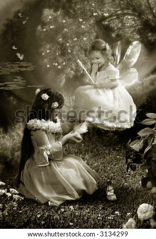The Fairy-tale night. Two young girls try the small shoes and laugh.  The photography is made in studio. After processing in editor. All detail on photo take from the personal archive