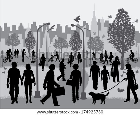 Everyday People in a City Park Silhouettes of people walking in a city park with the city in the background Everyday People in a City Park Silhouettes of people walking in a city park with the city in the background