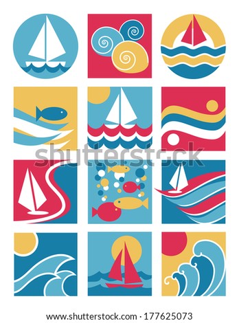 Water Icons collection with a sailing-fishing theme.