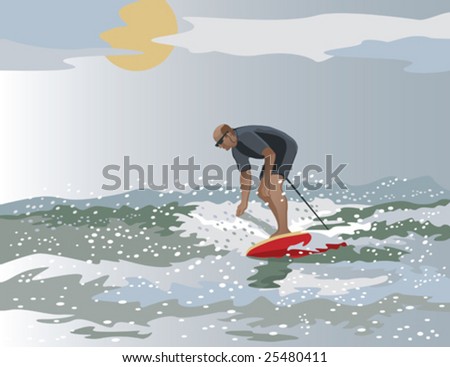 Vector illustration of a middle aged man surfing.