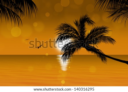 golden tropical sunset background with palm trees birds and sunny blurs