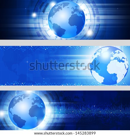 three abstract world global business technology blue banners