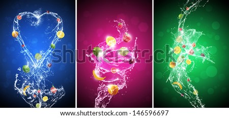 set of colorful background of fruit in water hydro splash