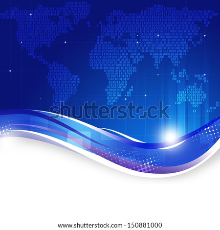 abstract binary code world map technology blue background