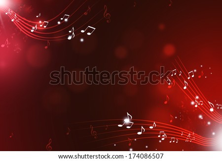 Music Notes And Blurry Lights On Dark Red Background