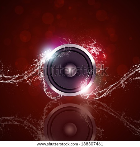 sound speaker music red background with bokeh lights and water splashes