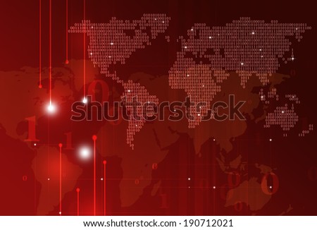 abstract technology binary code world map on dark red background