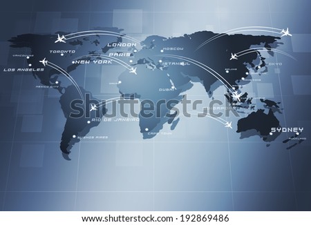 aviation background with planes over the map with major city names