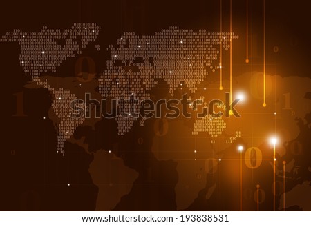 abstract technology binary code world map on dark background