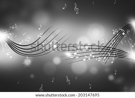 music notes and blurry lights on dark black and white background