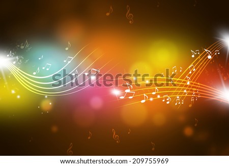 music notes and blurry lights on dark multicolor background