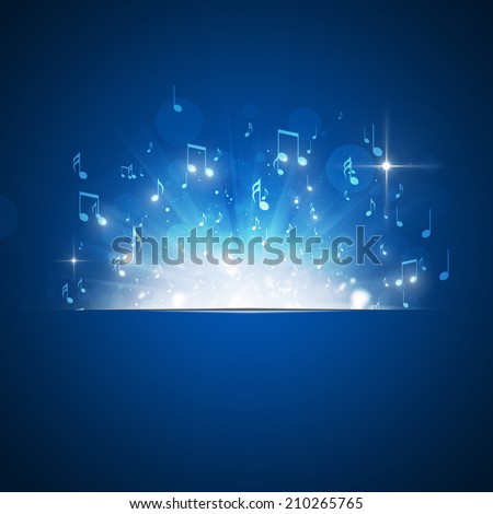 music notes explosion with lights and bokeh blue background