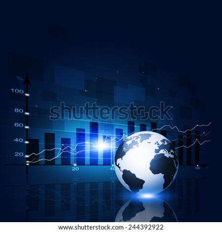 abstract finance diagram with a world globe map blue business background