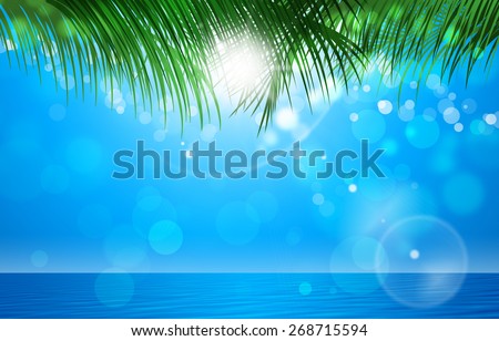 abstract summer tropical blue background with palms and bokeh lights
