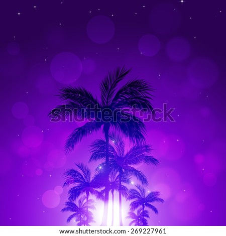 tropical night pacific nature background with palms and blurry lights.\
only my artist imagination - no additional images were used to create this illustration.