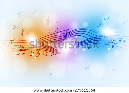 abstract music notes and blurry lights on bright multicolor background