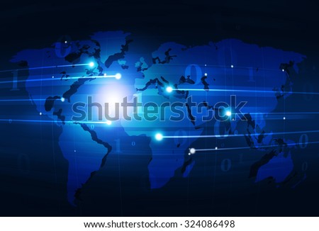abstract technology binary code and world map on blue background