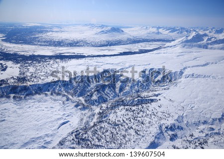 alaska mountain and glacier from aerial view
