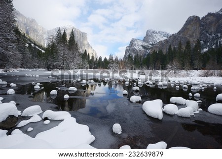 valley view at yosemite national park with fresh snow after winter storm