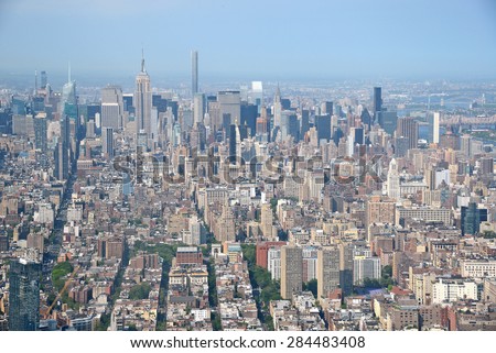 a view of new york downtown as seen from one world trade center observatory deck. The observation just opened on May 29th 2015